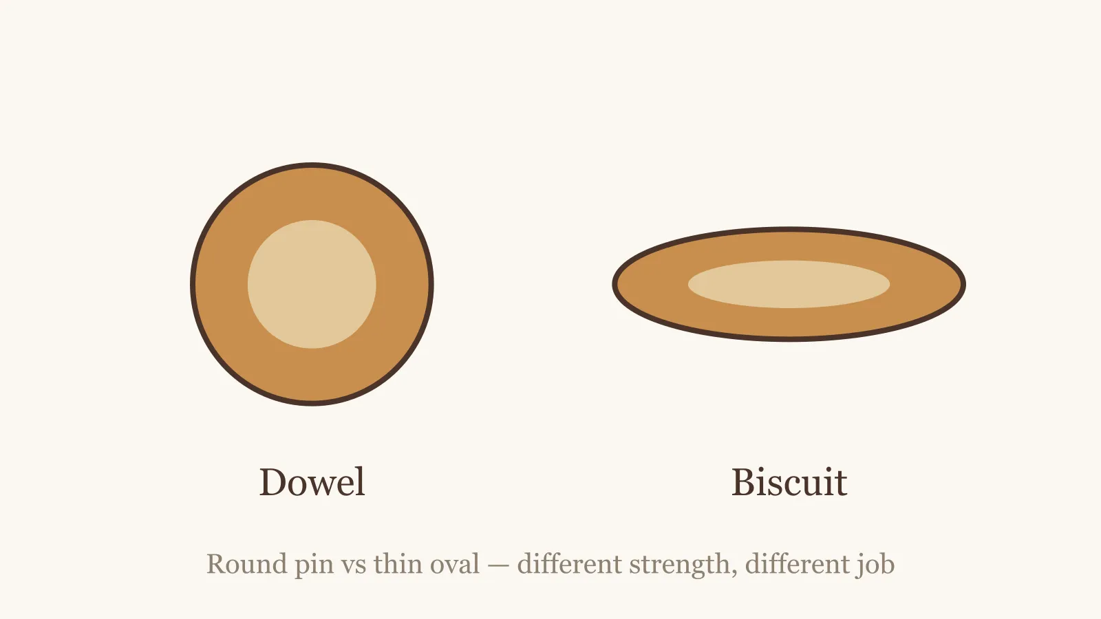 Side-by-side comparison of a round dowel and a thin oval biscuit