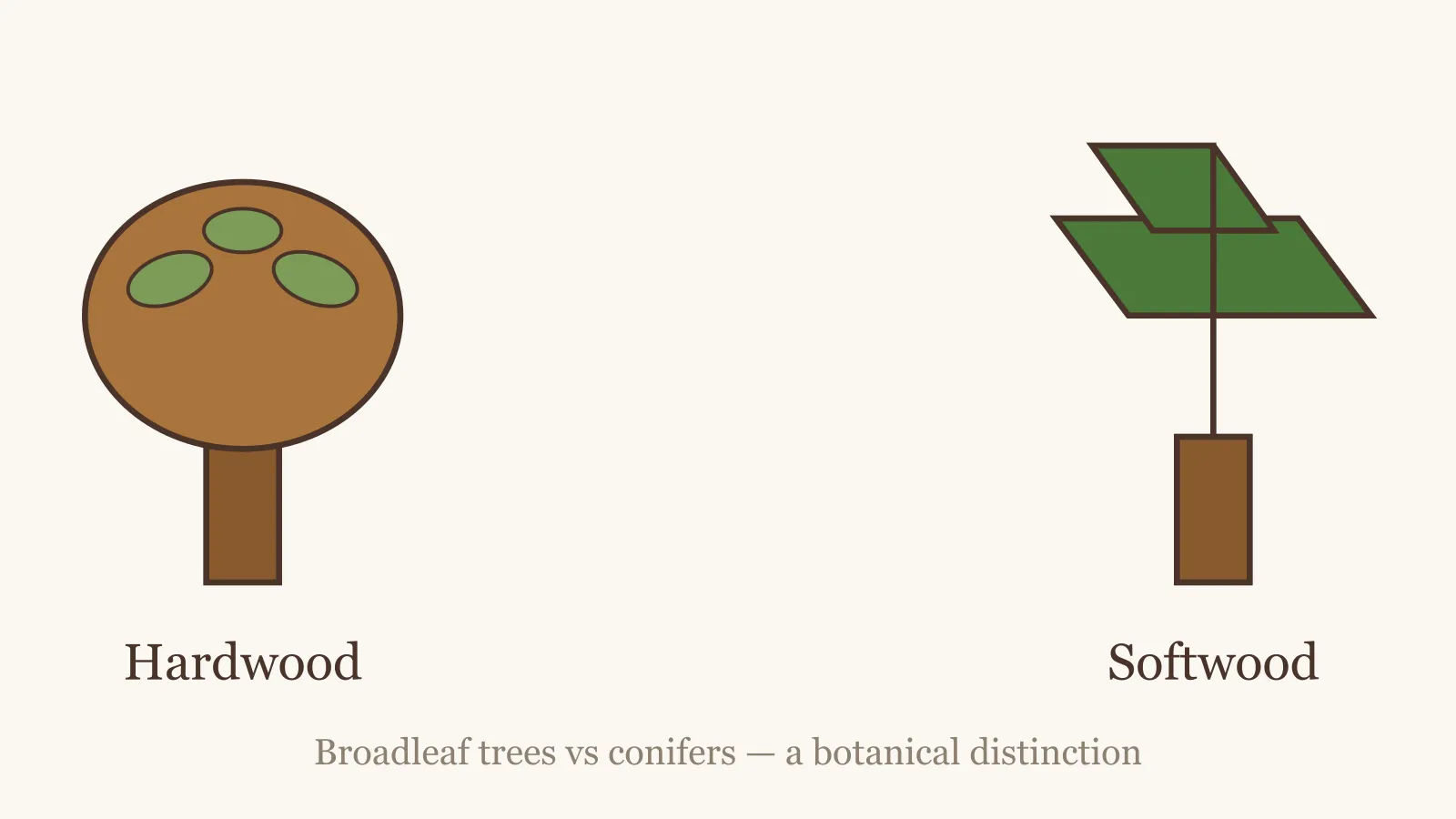 Broadleaf tree and conifer shown side by side to illustrate the botanical difference