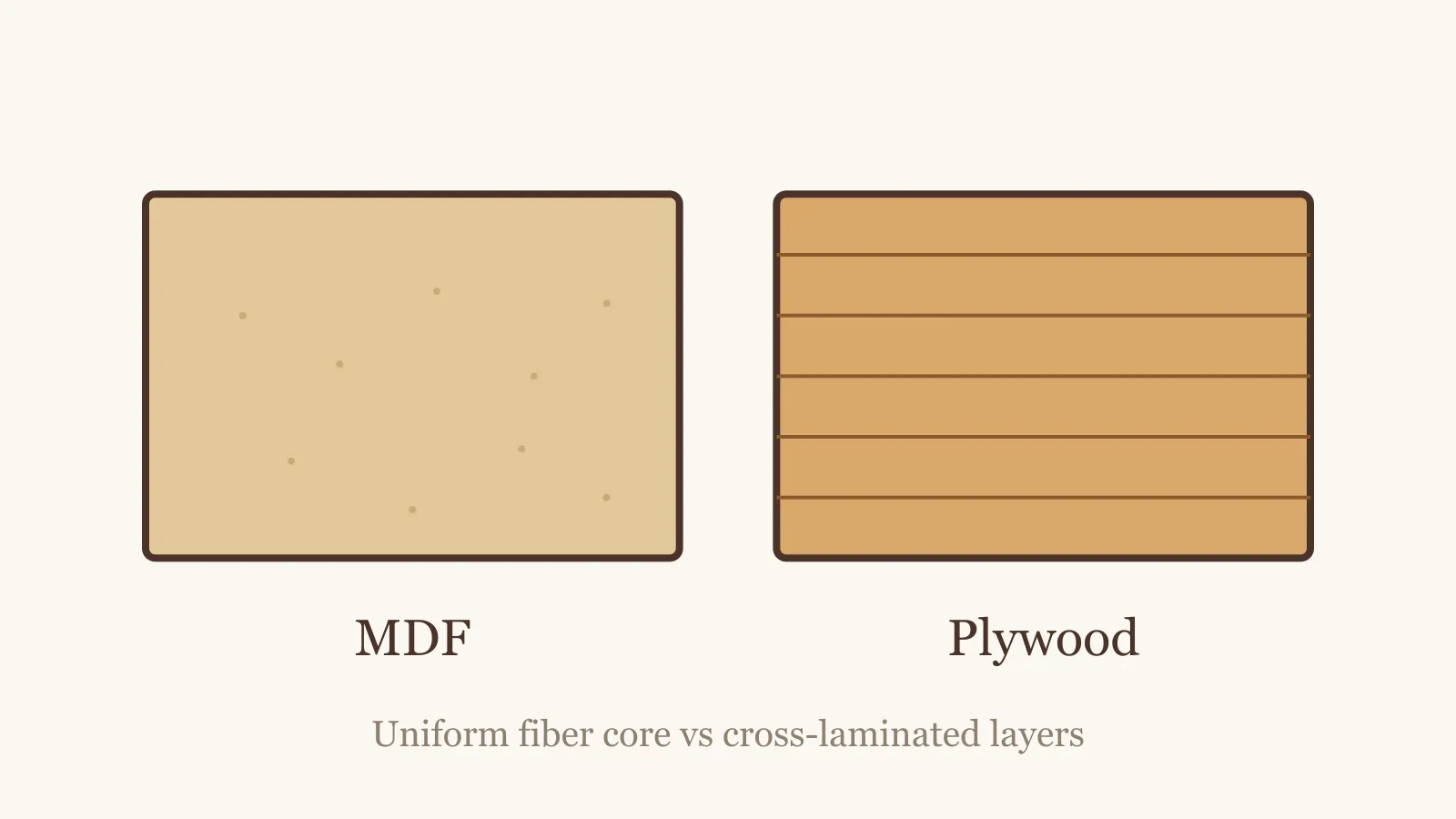 Side-by-side comparison of MDF's uniform fiber core and plywood's layered veneer core